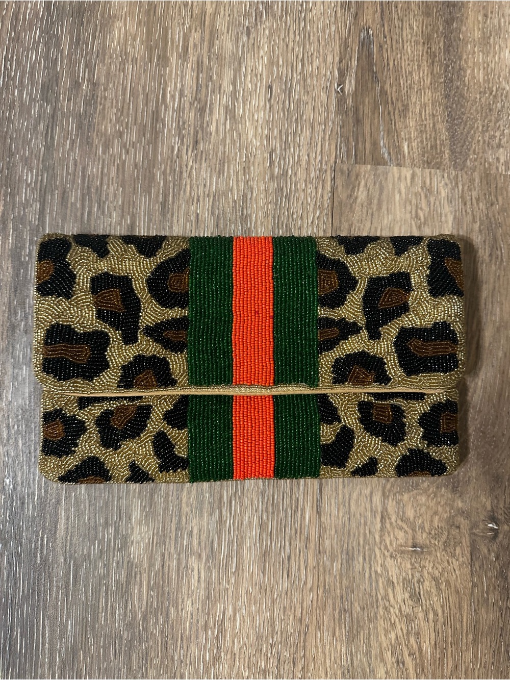 Beaded Leopard Print Foldover Clutch with Green & Orange Stripe